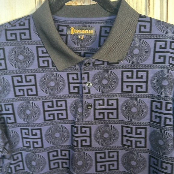 Men’s IBaldelli  Navy Short Sleeves Burn Out Velvet Graphic Pattern Polo Shirt - Picture 4 of 9